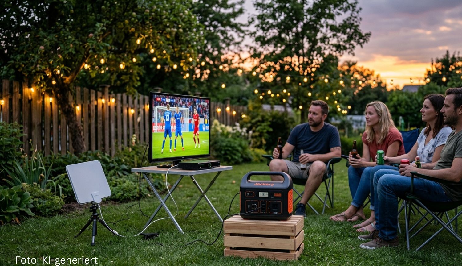 Eine Person stellt eine mobile Powerstation neben einem Fernseher im Garten auf.