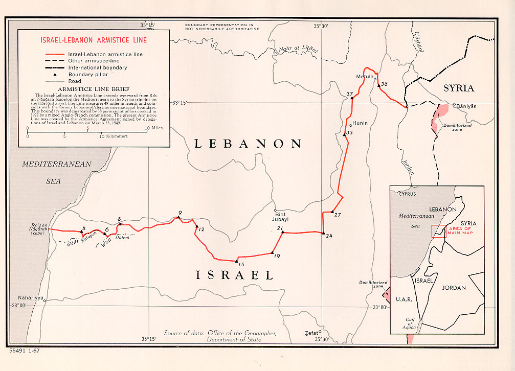 Karte der Region Naher Osten mit hervorgehobenen Grenzen zwischen Libanon und Israel