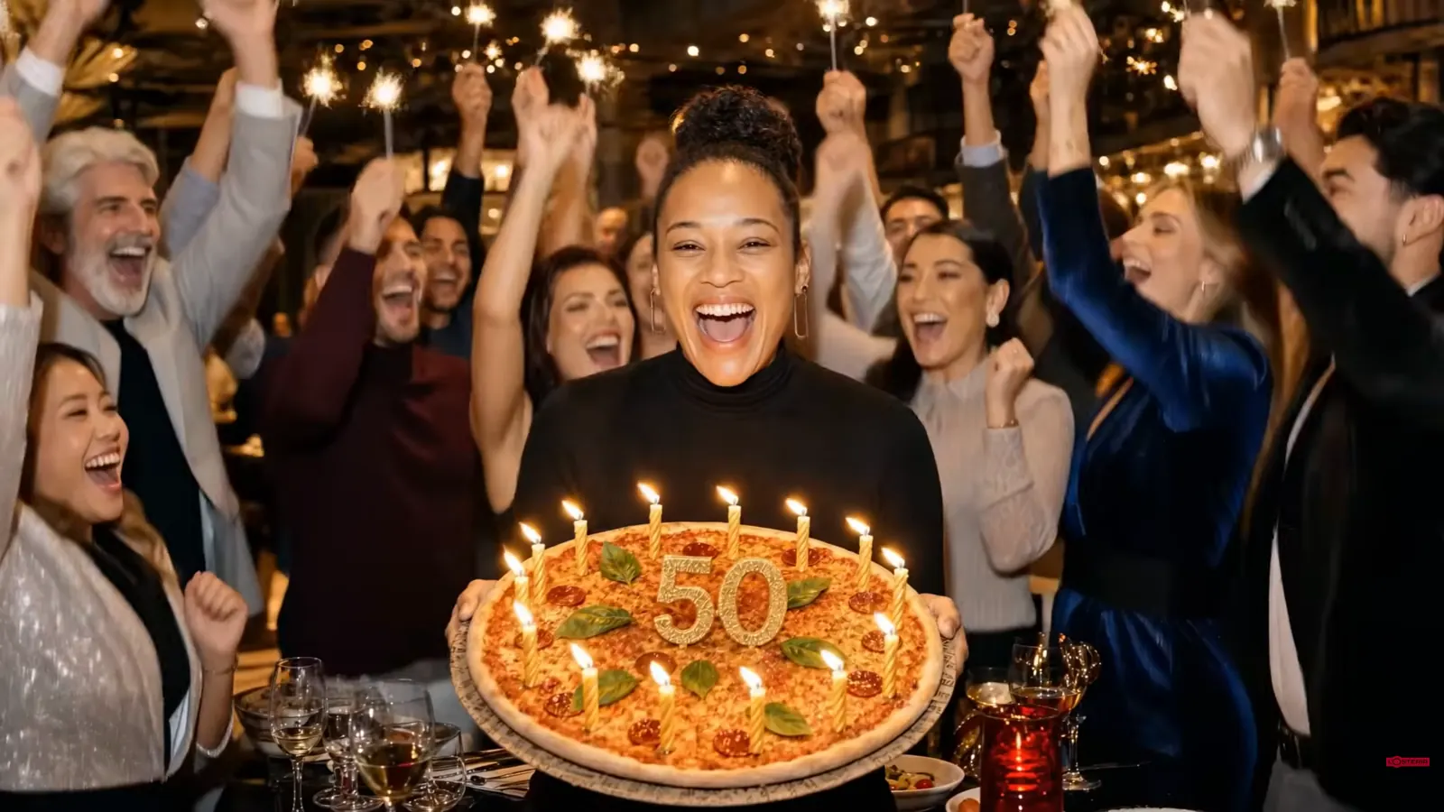 L'Osteria Restaurant mit einer Pizza auf dem Tisch