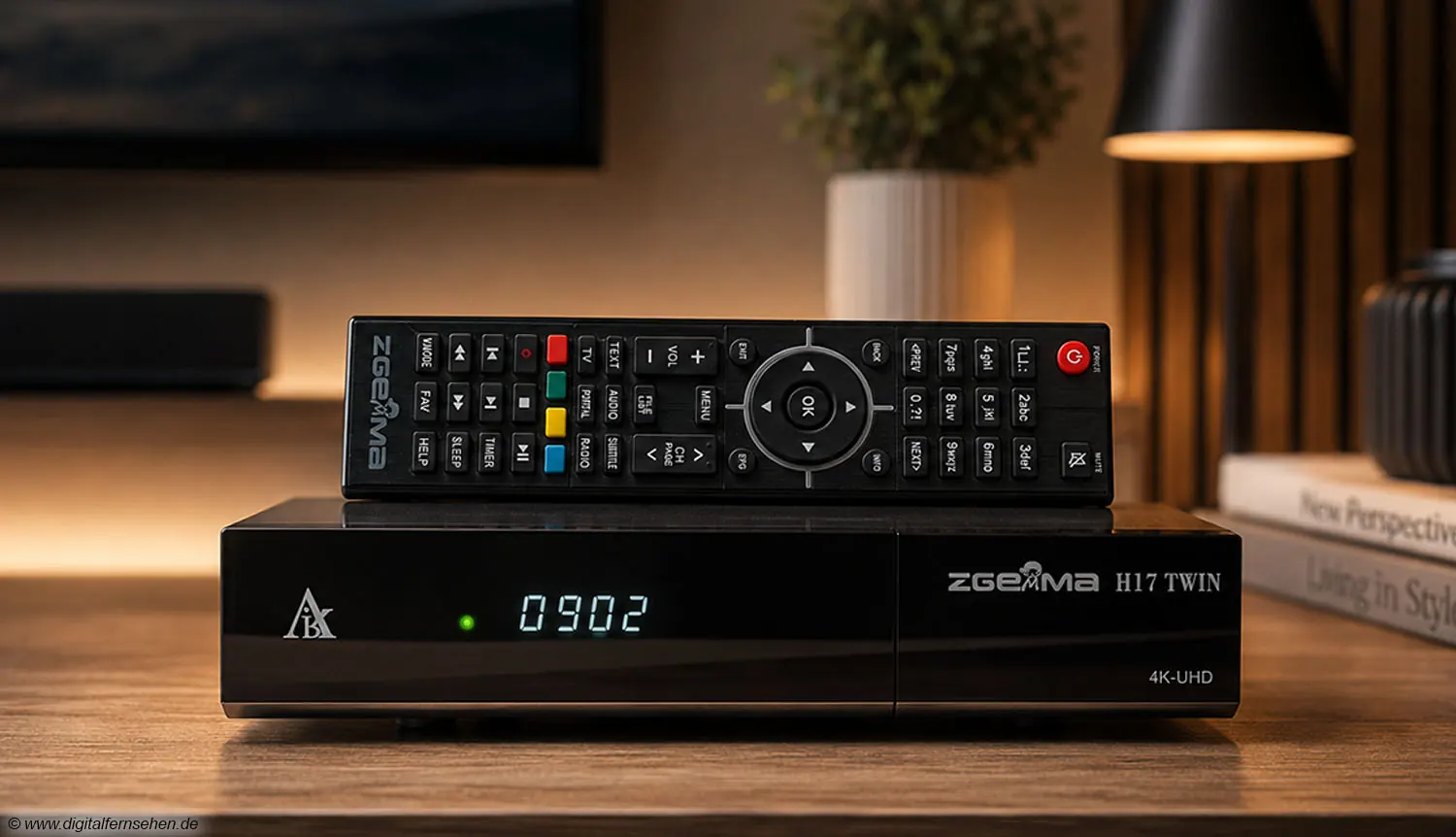 Der AirDigital Zgemma H17 Twin Sat-Receiver steht auf einem Tisch, sein Display leuchtet.