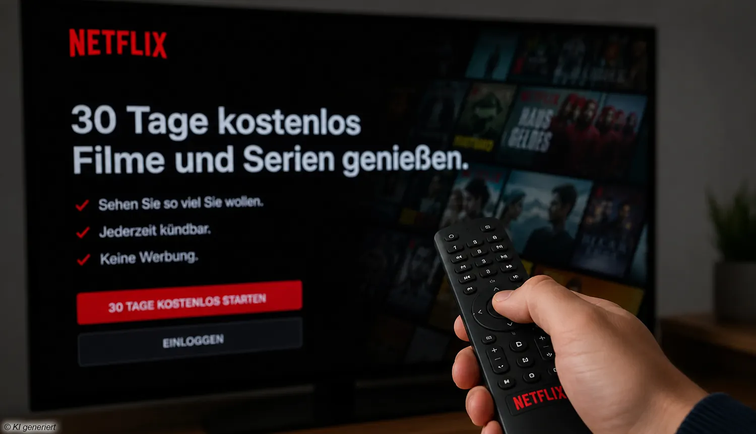 Netflix Logo mit einer Übersicht von Filmen und Serien auf einem Bildschirm