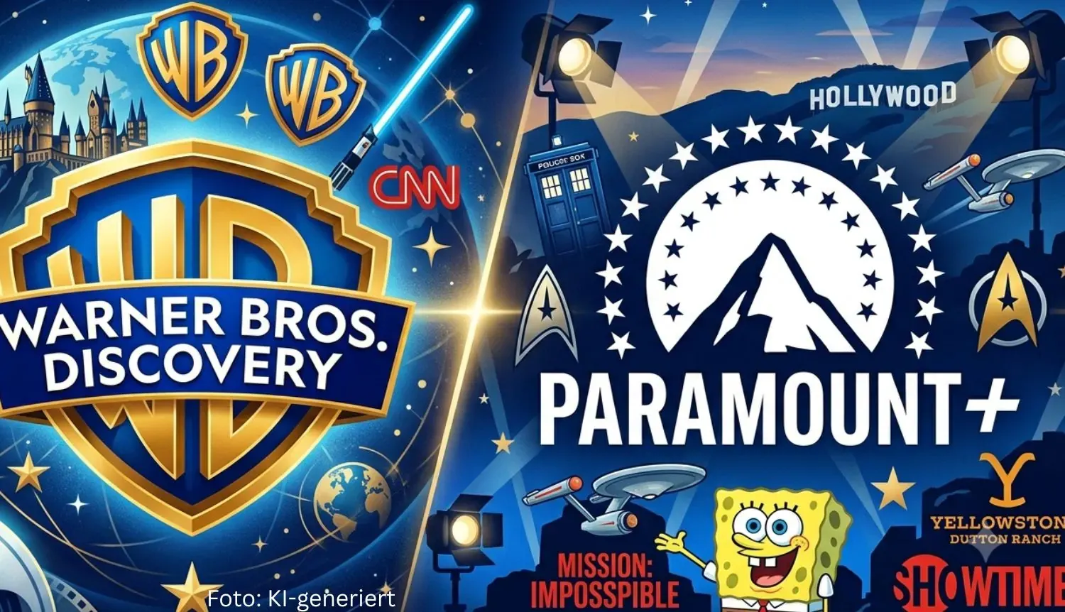 Paramount+ und Warner Bros. Discovery Logos vor einem Streaming-Hintergrund