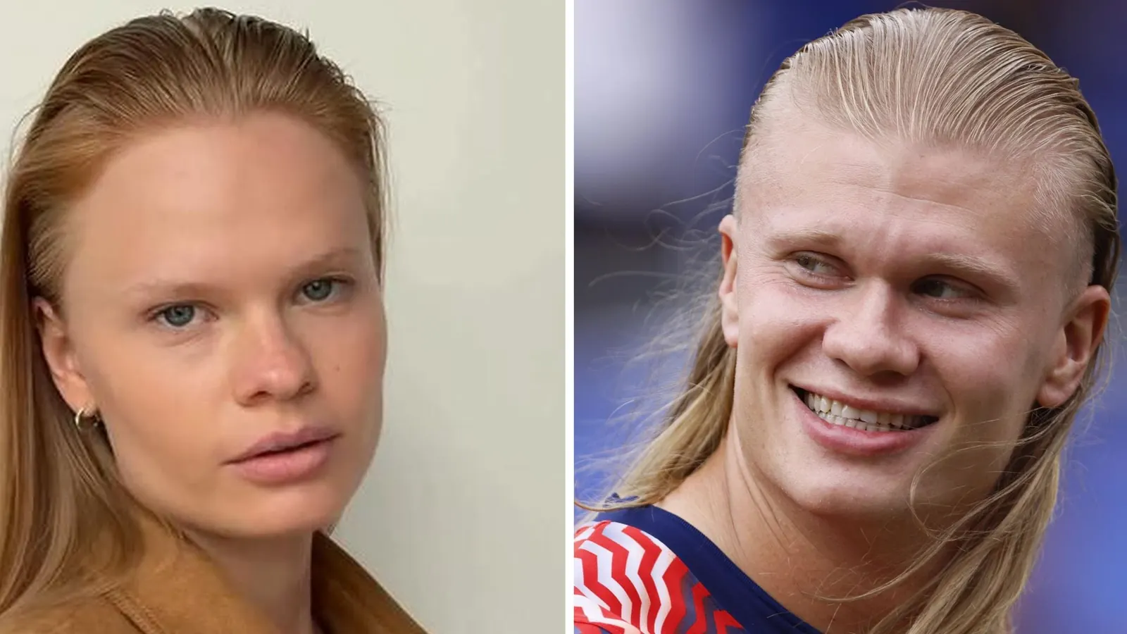 Collage mit Anastasia Kostromitina und Erling Haaland, die ihre Ähnlichkeit zeigt.