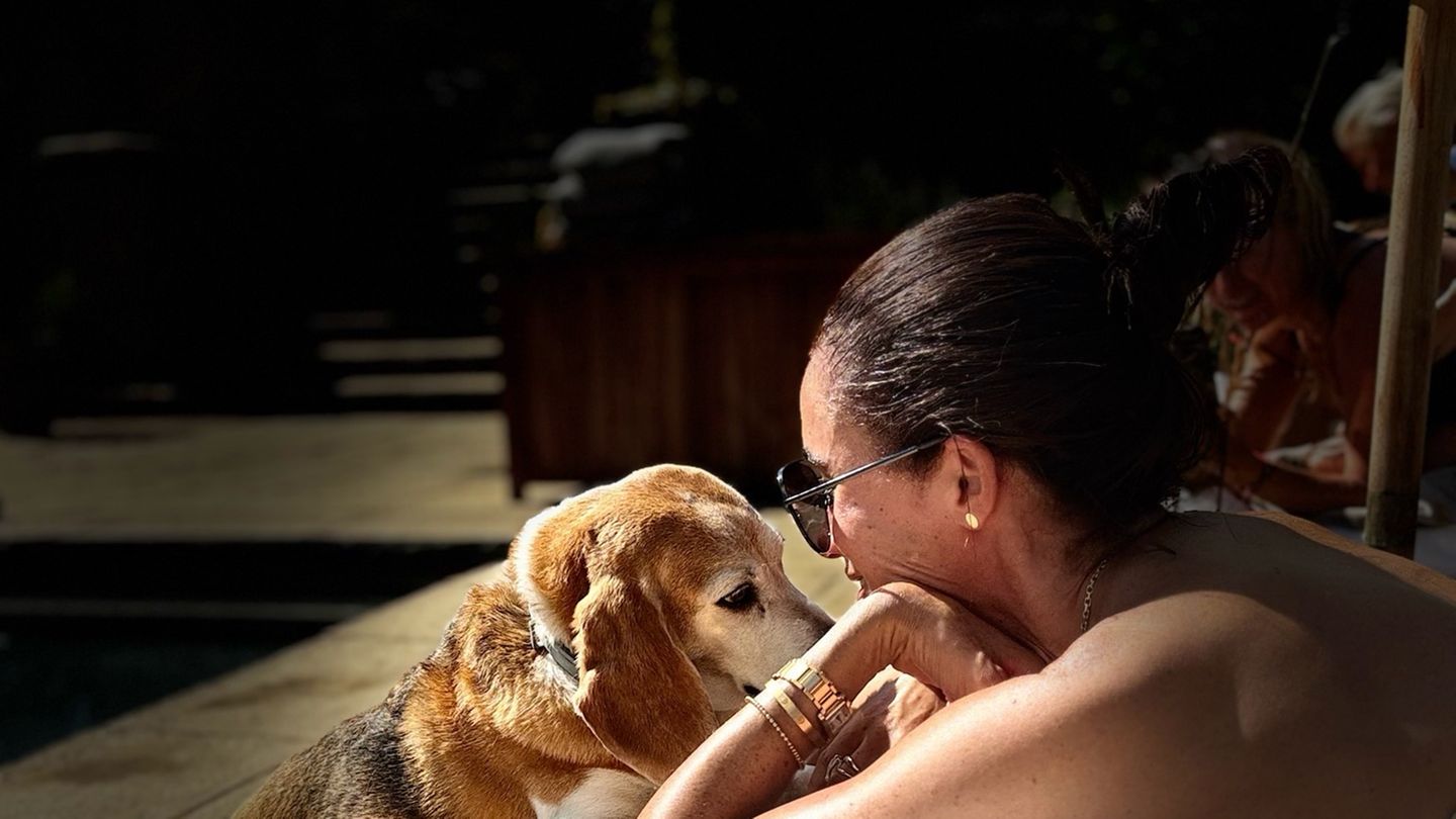 Instagram-Foto von Herzogin Meghan mit ihrem Beagle am Pool in Montecito, im Hintergrund eine Person, die Charles Spencer ähnelt
